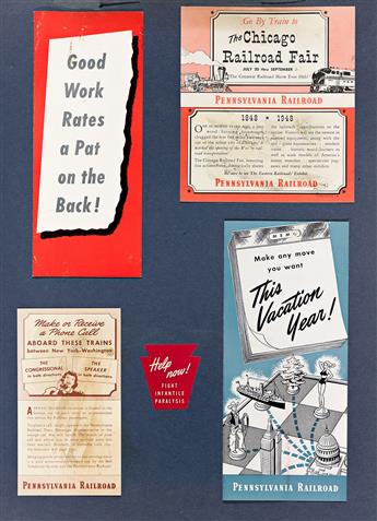 VARIOUS ARTISTS.  [PENNSYLVANIA RAILROAD / SALESMANS BOOK]. Spiral-bound book of folded posters & various promotional materials. Circa